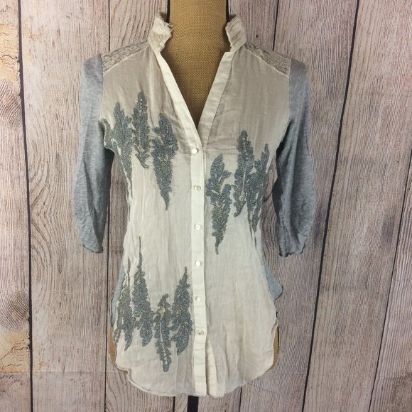 Tiny Tops - Tiny Cream & Grey Roll Tab Button Down Blouse Sz S